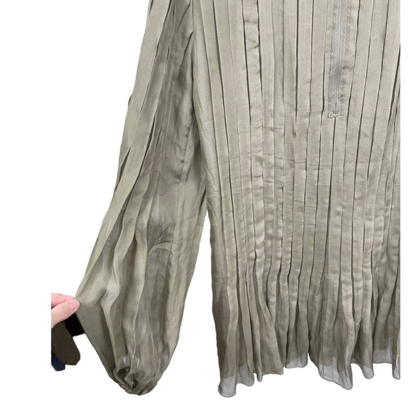 ANDY The-Ahn 100% Silk Pleated Olive Long Sleeved Tunic Size 10 - Picture 8 of 9